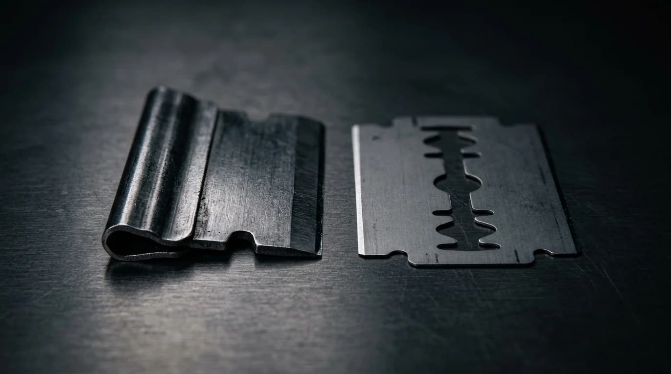 A single-edge blade beside a double-edge blade on a dark brushed-metal surface: the single-edge blade on the left is thick with a folded steel spine along its back, the double-edge blade on the right is a thin flat rectangle with the standard slotted center opening