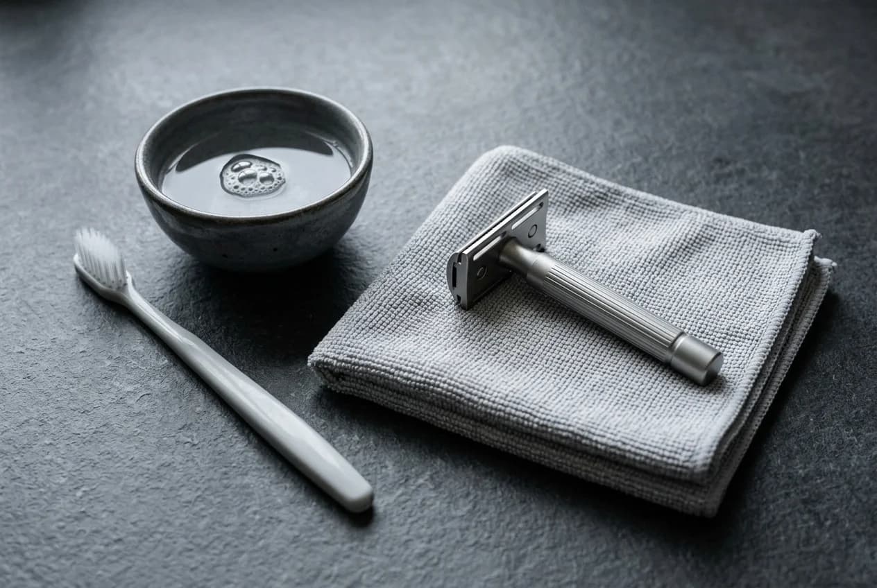 An unbranded safety razor on a microfiber towel beside a bowl of soapy water and a soft toothbrush
