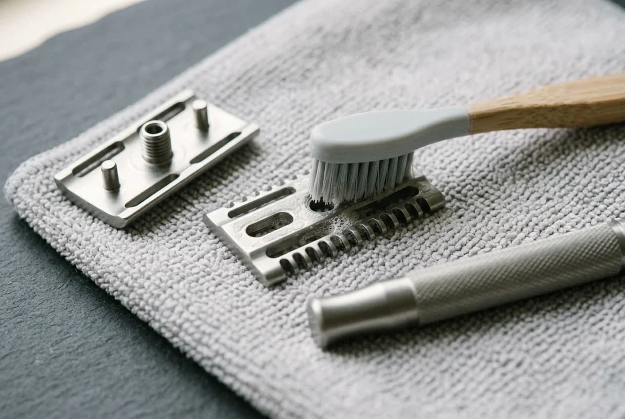 A soft brush cleaning a safety razor base plate beside the separate top cap and handle, with the blade already removed