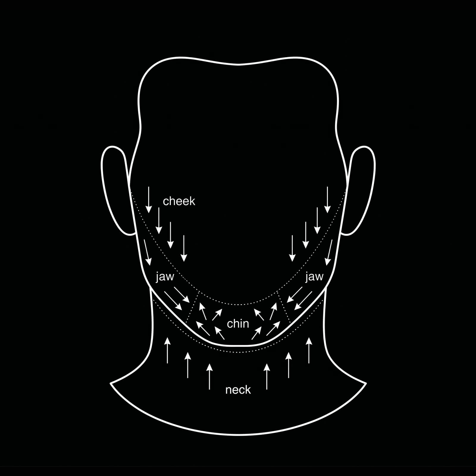 Facial hair grain direction map showing typical growth patterns with downward arrows on the cheeks and jaw, mixed directions on the chin, and upward arrows on the neck