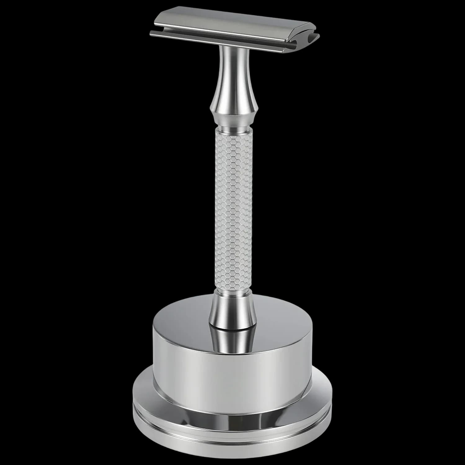 The ORMIXA Vector safety razor stored upright in its round metal stand, keeping the head elevated and exposed to circulating air